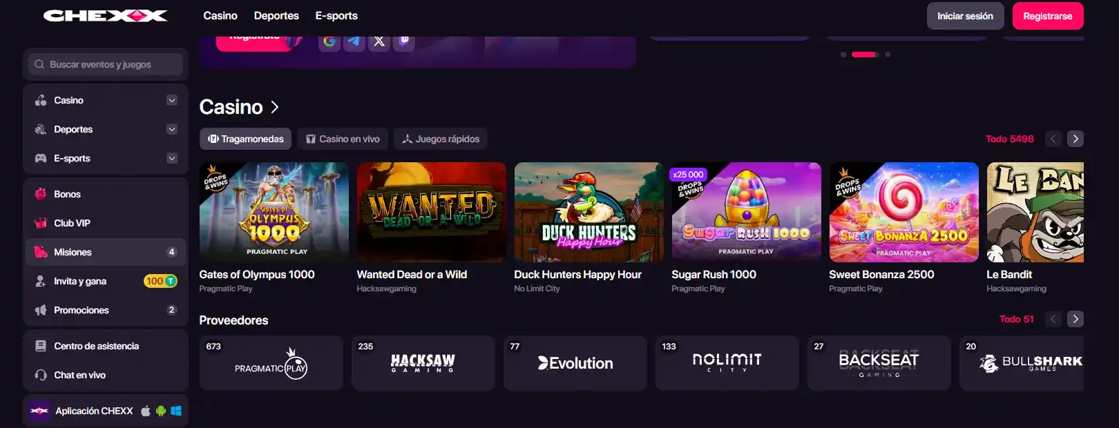 Lobby de juegos de CHEXX con categorías y proveedores