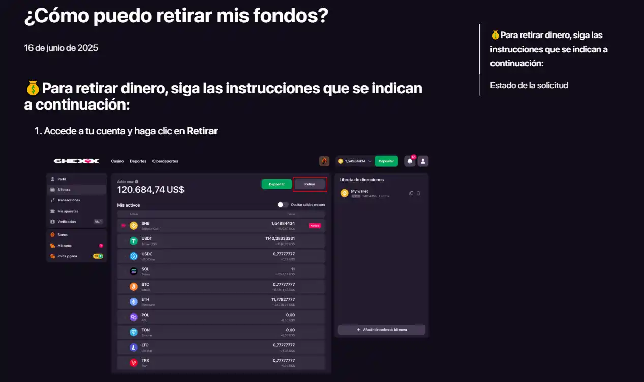 Flujo oficial de retirada de fondos en CHEXX