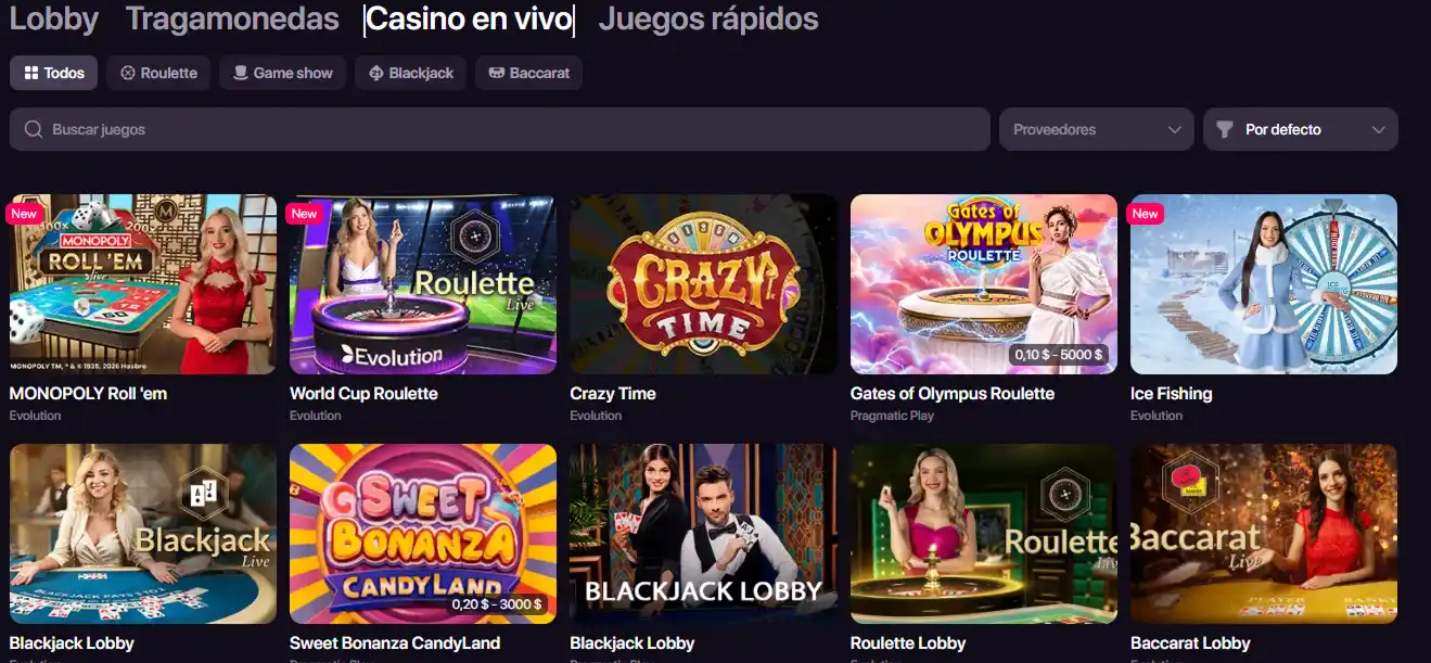 Lobby de casino en vivo de CHEXX con mesas y proveedores visibles