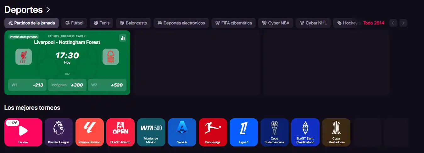 Sección de apuestas deportivas y esports de CHEXX