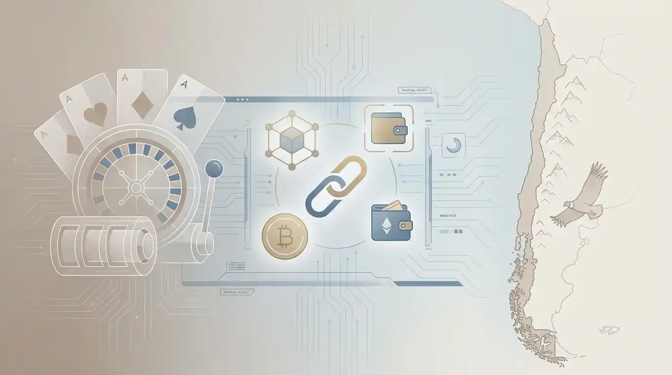 Ilustración editorial sobre casino digital, criptomonedas y Chile
